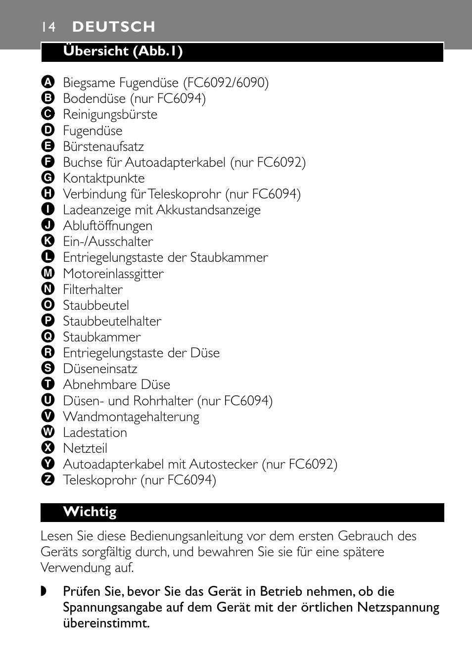 Deutsch 14 | Philips FC6090 User Manual | Page 14 / 116