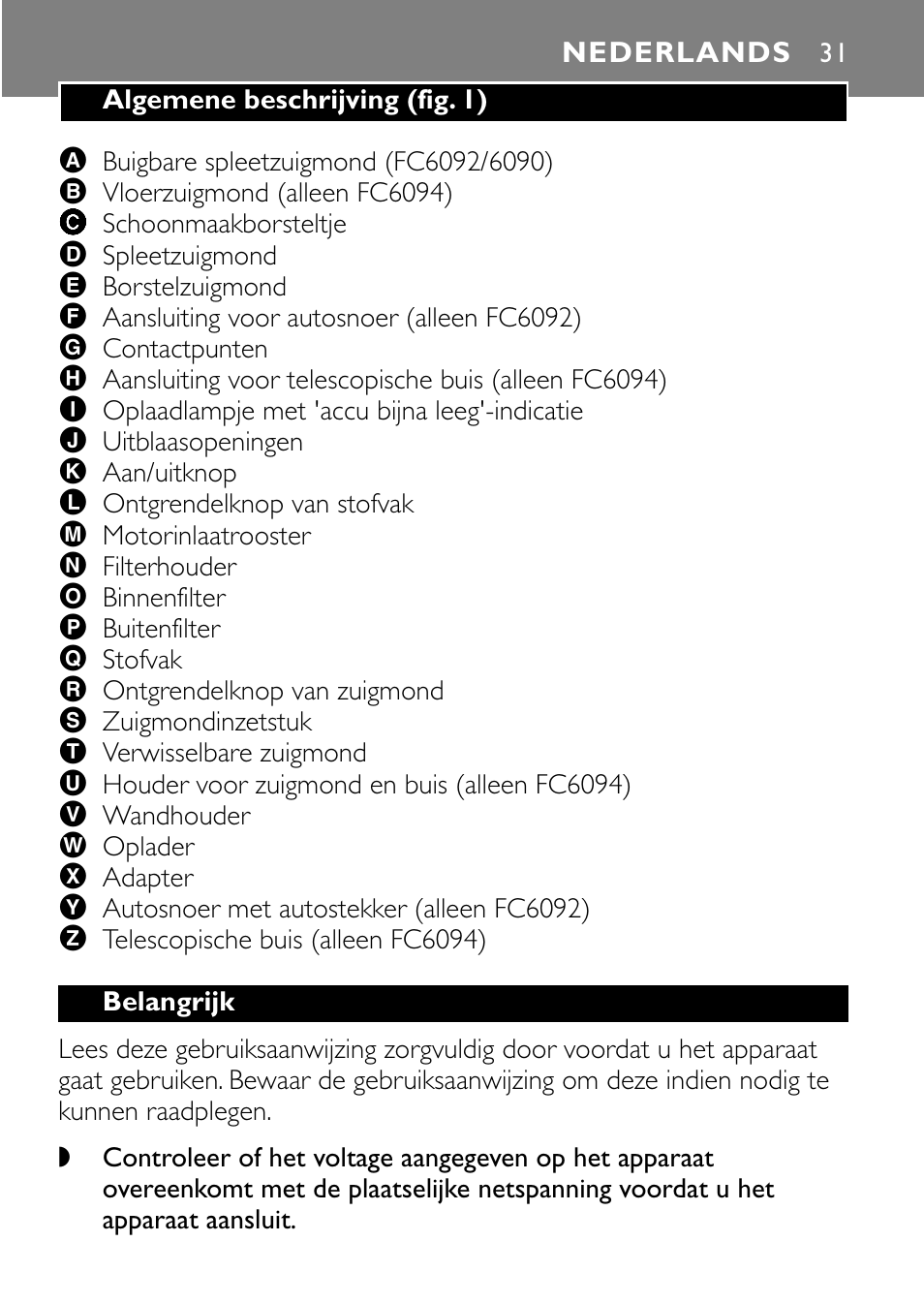 Nederlands 31 | Philips FC6090 User Manual | Page 31 / 116