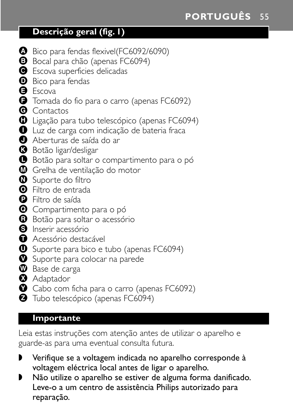 Português 55 | Philips FC6090 User Manual | Page 55 / 116