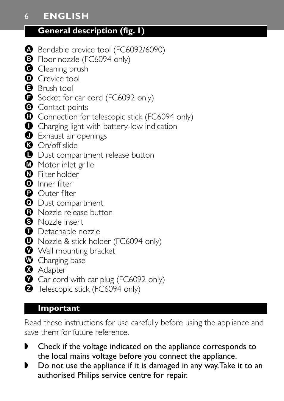 English 6 | Philips FC6090 User Manual | Page 6 / 116