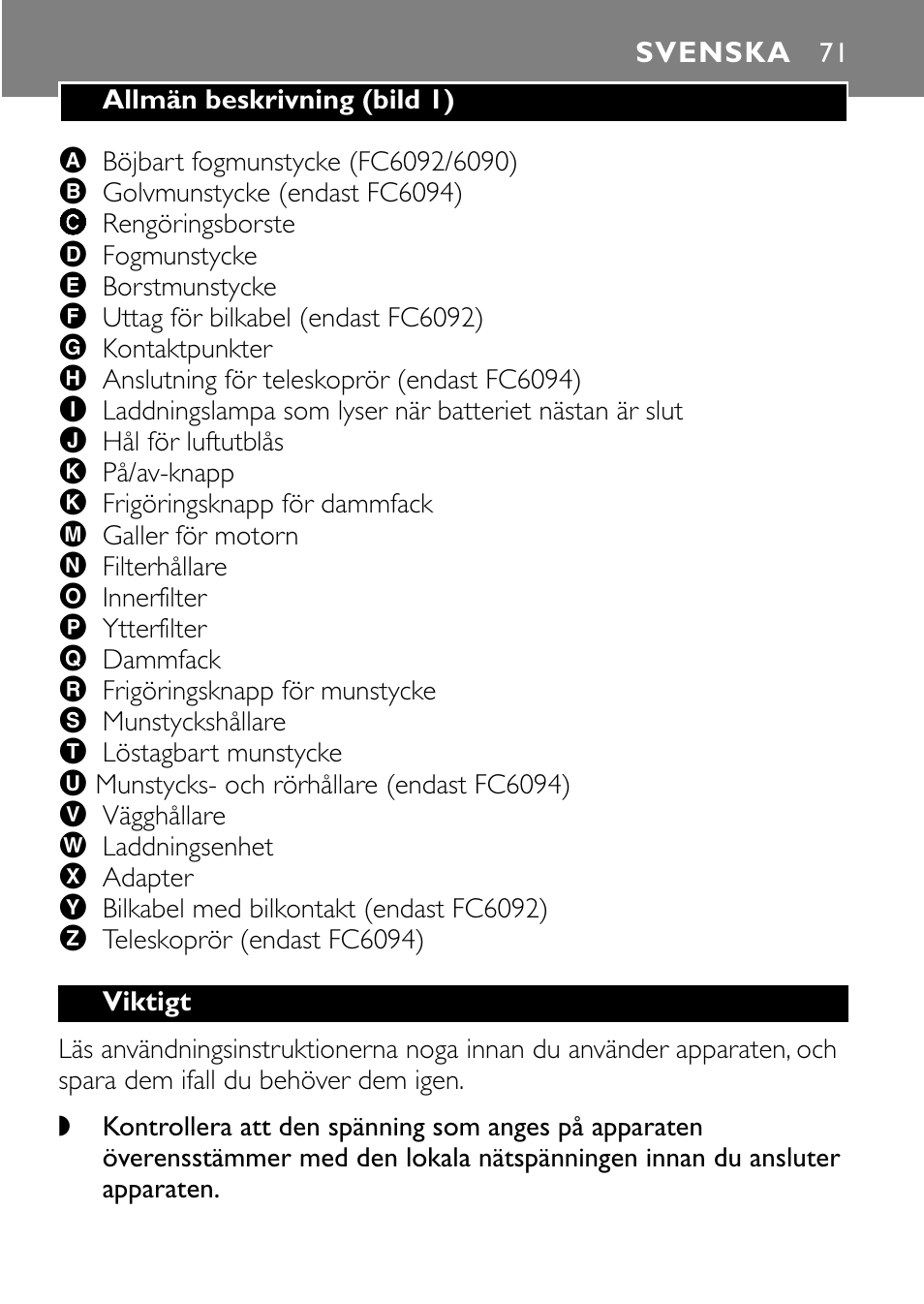 Svenska 71 | Philips FC6090 User Manual | Page 71 / 116