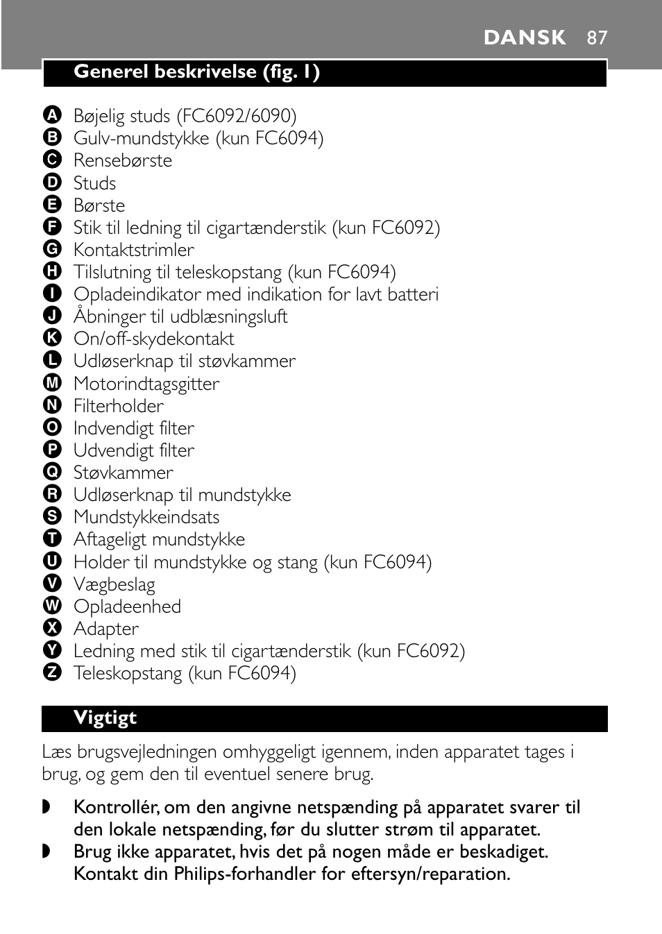 Dansk 87 | Philips FC6090 User Manual | Page 87 / 116