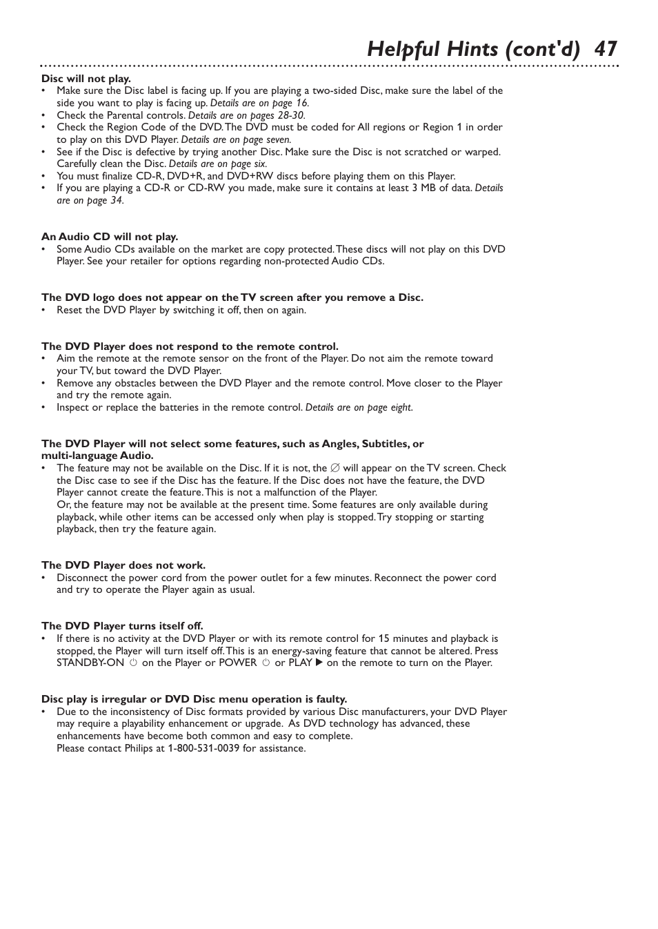 Helpful hints (cont'd) 47 | Philips DVD726v2 User Manual | Page 47 / 52