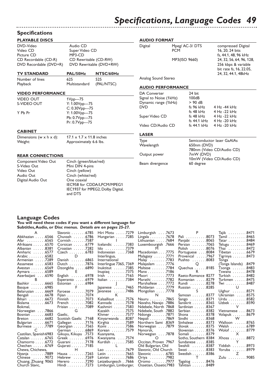 Specifications, language codes 49, Specifications language codes | Philips DVD726v2 User Manual | Page 49 / 52