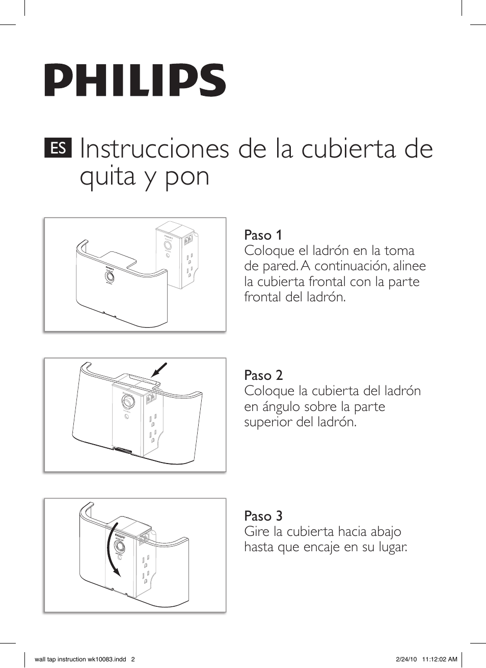 Instrucciones de la cubierta de quita y pon, Paso 1, Paso 2 | Paso 3, Philips | Philips SPP4031A User Manual | Page 2 / 2