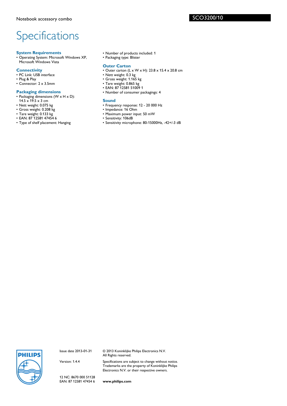 Specifications | Philips SCO3200 User Manual | Page 2 / 2