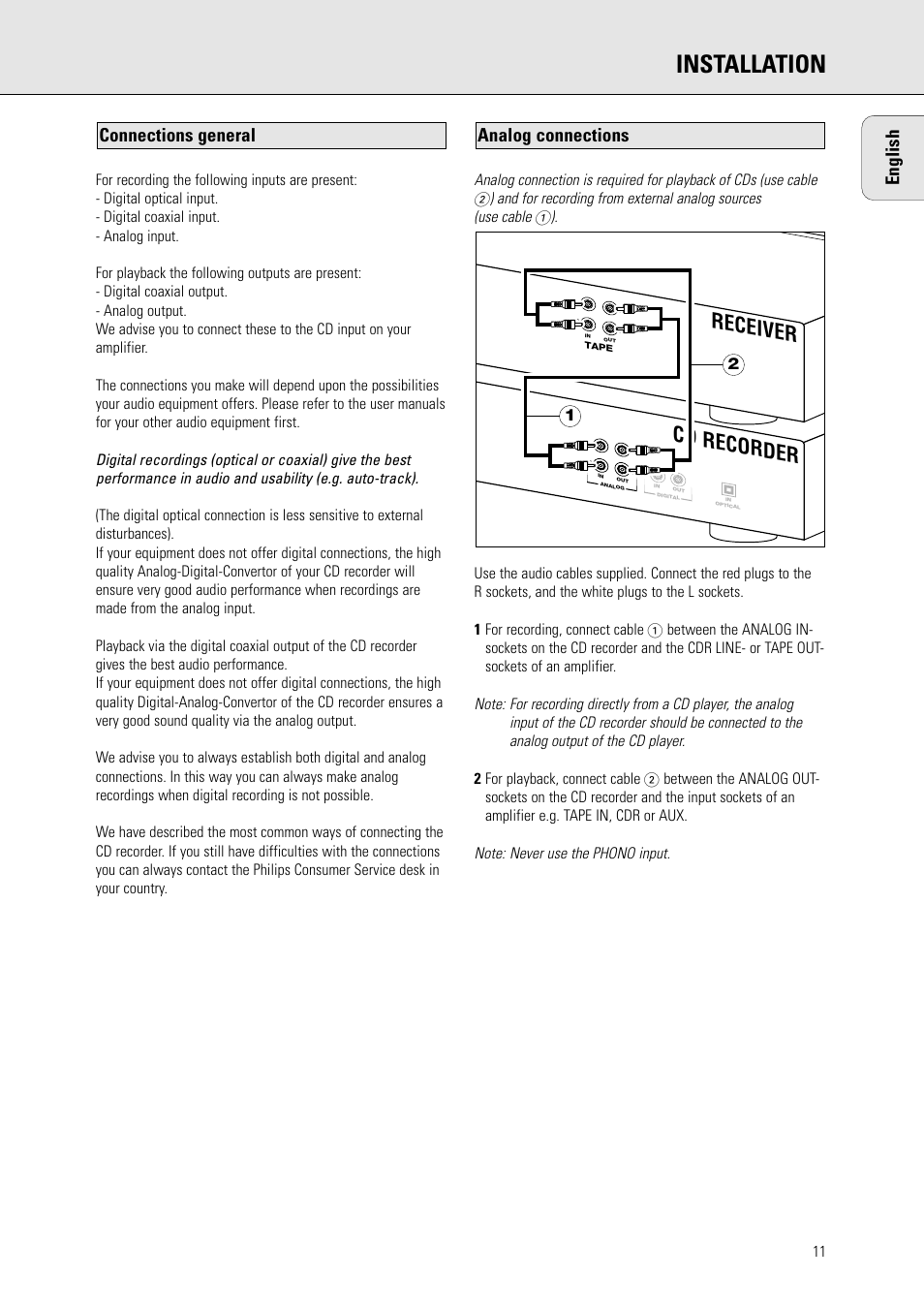 Installation, Cd recorder, Receiver | English, Analog connections connections general | Philips CDR770/771 User Manual | Page 3 / 5