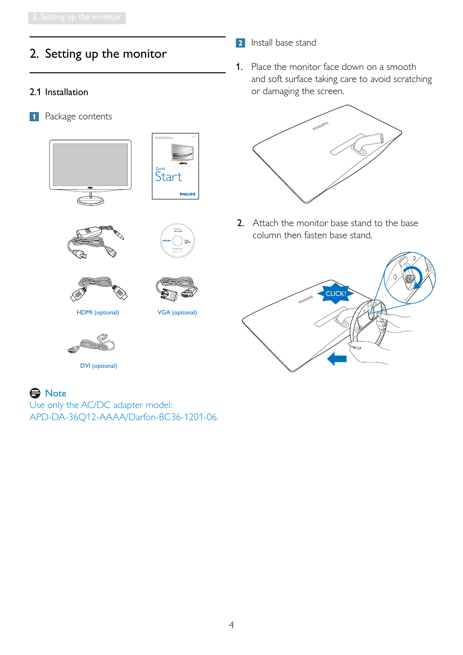 Start, Setting up the monitor, 1 installation package contents | Philips 248X3LF User Manual | Page 6 / 47