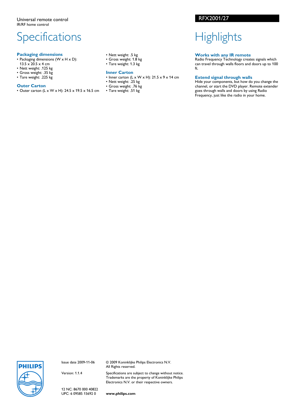 Specifications, Highlights | Philips RFX2001 User Manual | Page 2 / 2