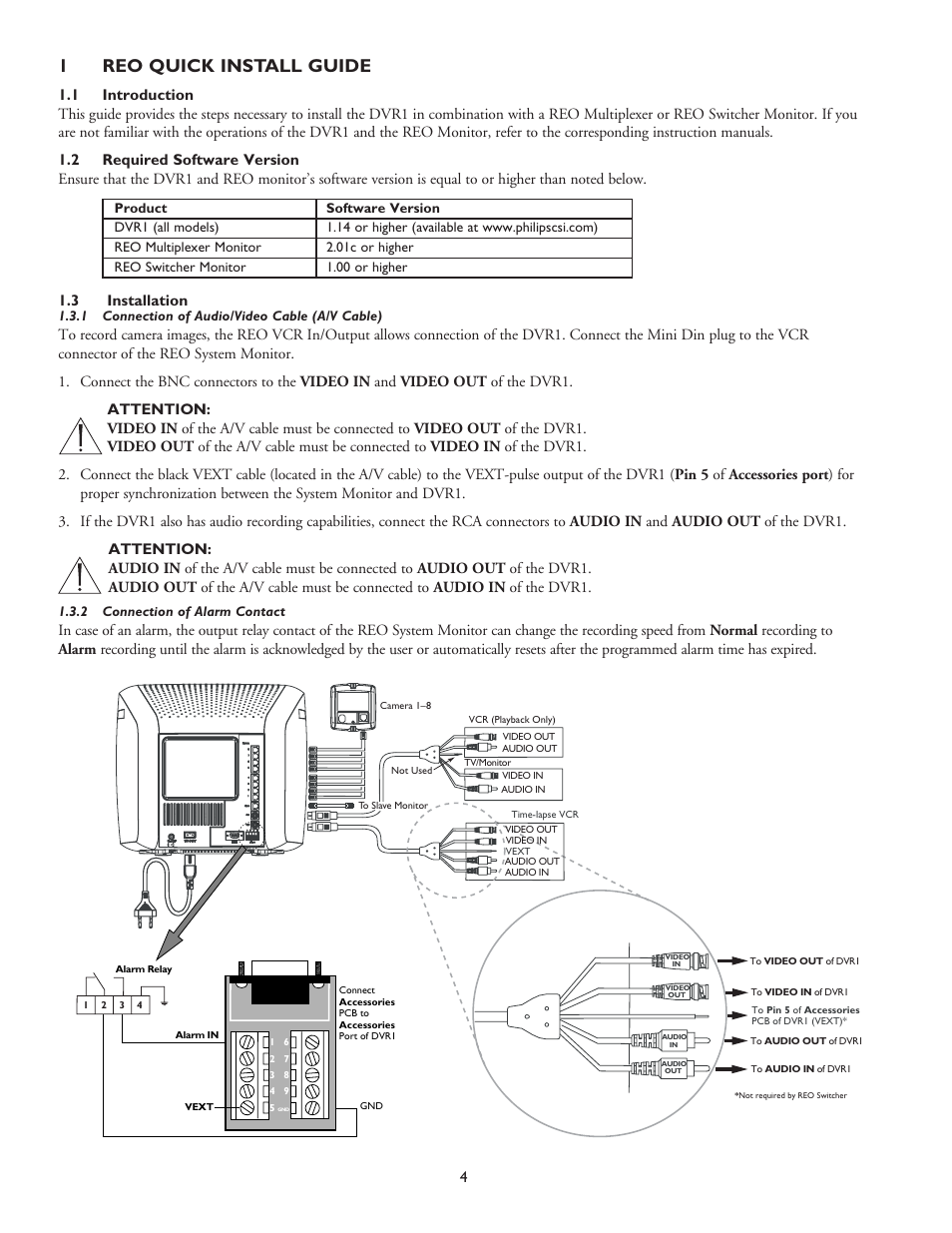 1reo quick install guide, 1 connection of audio/video cable (a/v cable), 2 connection of alarm contact | Philips DVR I Series User Manual | Page 4 / 12