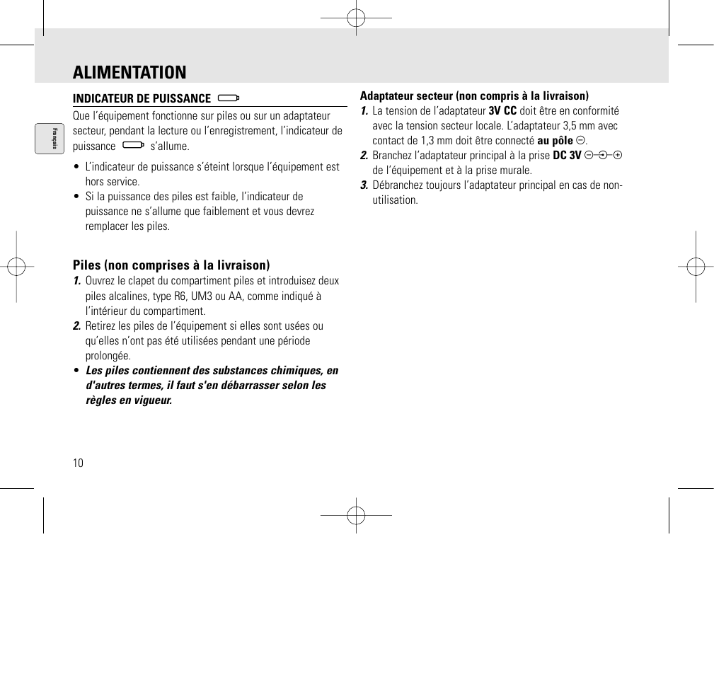 Alimentation | Philips AQ6345/00 User Manual | Page 10 / 60