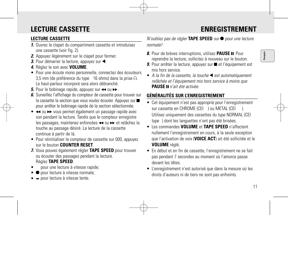 Lecture cassette enregistrement | Philips AQ6345/00 User Manual | Page 11 / 60