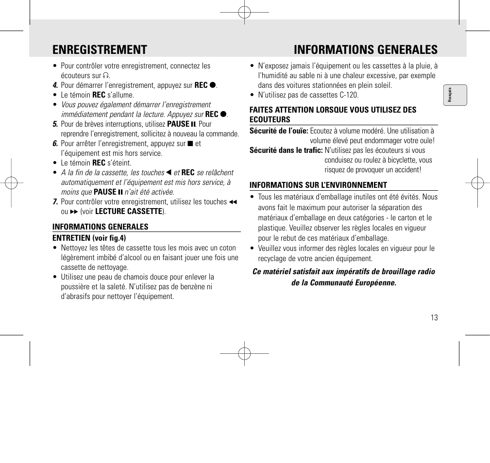 Enregistrement informations generales | Philips AQ6345/00 User Manual | Page 13 / 60