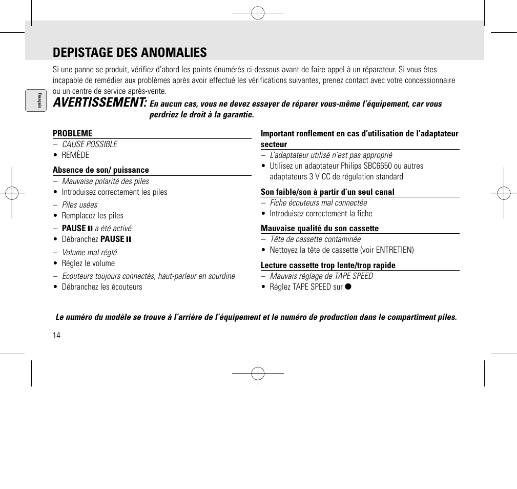 Depistage des anomalies, Avertissement | Philips AQ6345/00 User Manual | Page 14 / 60