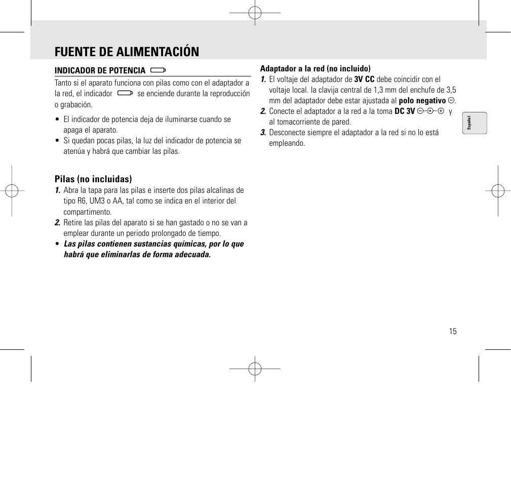 Fuente de alimentación | Philips AQ6345/00 User Manual | Page 15 / 60