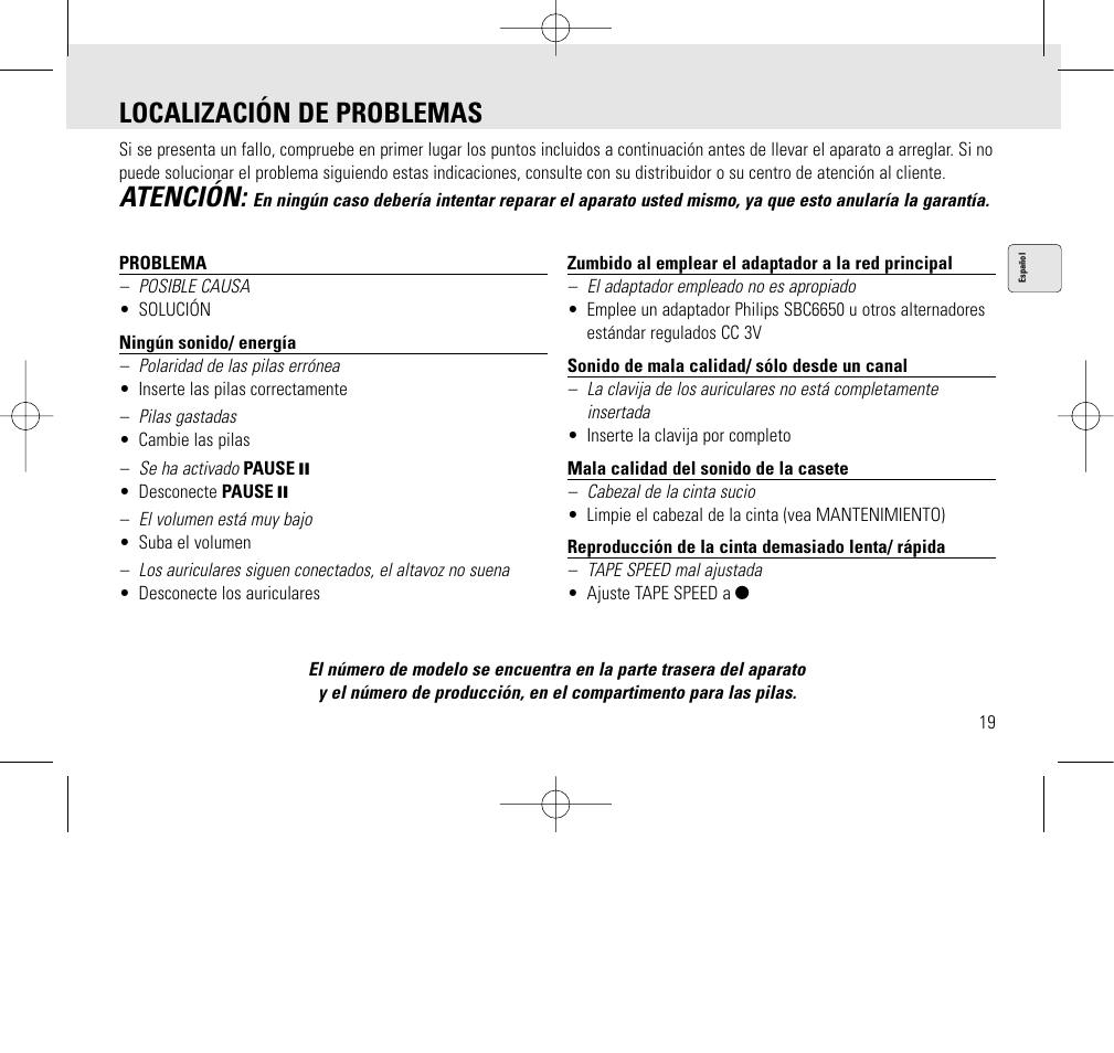 Localización de problemas, Atención | Philips AQ6345/00 User Manual | Page 19 / 60