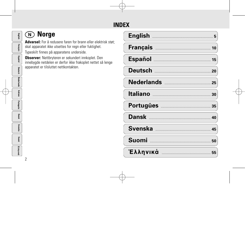 N norge, Index, English | Français, Español, Deutsch, Nederlands, Italiano, Portugûes, Dansk | Philips AQ6345/00 User Manual | Page 2 / 60