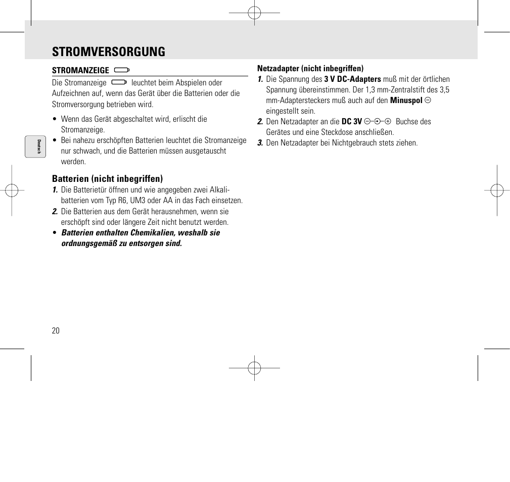 Stromversorgung | Philips AQ6345/00 User Manual | Page 20 / 60