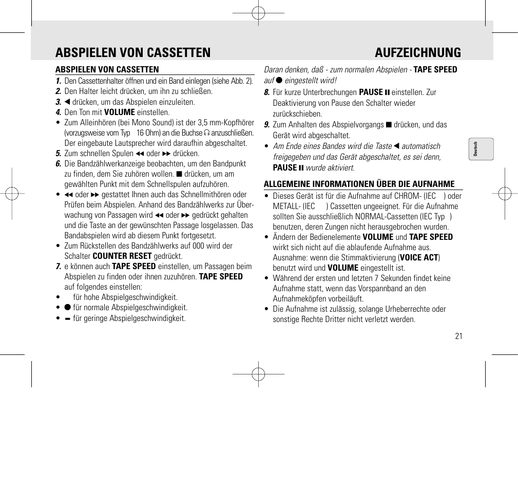 Abspielen von cassetten aufzeichnung | Philips AQ6345/00 User Manual | Page 21 / 60