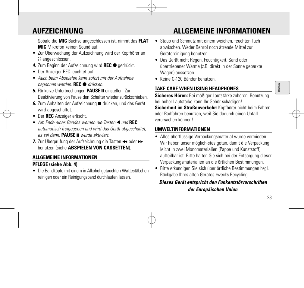 Aufzeichnung allgemeine informationen | Philips AQ6345/00 User Manual | Page 23 / 60