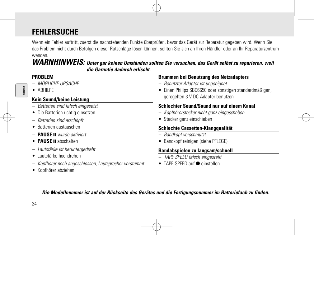 Fehlersuche, Warnhinweis | Philips AQ6345/00 User Manual | Page 24 / 60