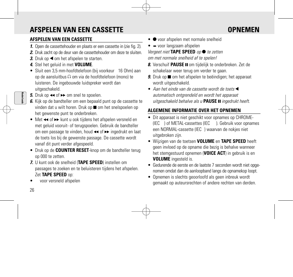 Afspelen van een cassette opnemen | Philips AQ6345/00 User Manual | Page 26 / 60