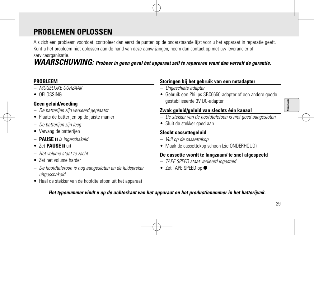 Problemen oplossen, Waarschuwing | Philips AQ6345/00 User Manual | Page 29 / 60