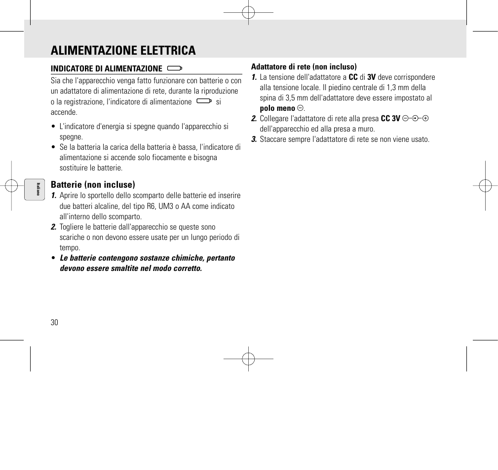 Alimentazione elettrica | Philips AQ6345/00 User Manual | Page 30 / 60