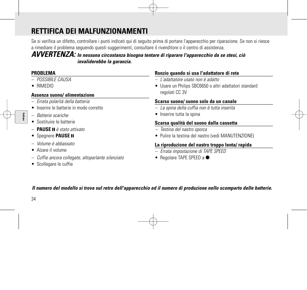 Rettifica dei malfunzionamenti, Avvertenza | Philips AQ6345/00 User Manual | Page 34 / 60