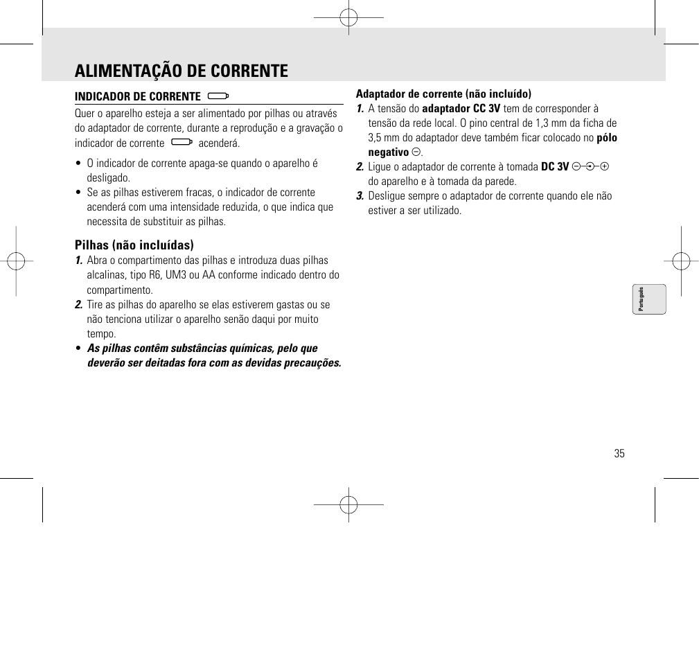 Alimentação de corrente | Philips AQ6345/00 User Manual | Page 35 / 60