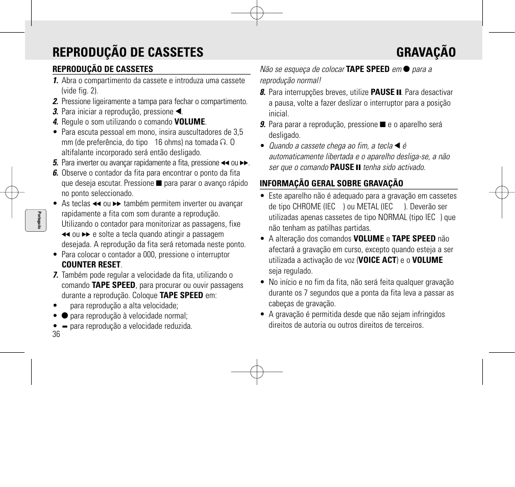 Reprodução de cassetes gravação | Philips AQ6345/00 User Manual | Page 36 / 60