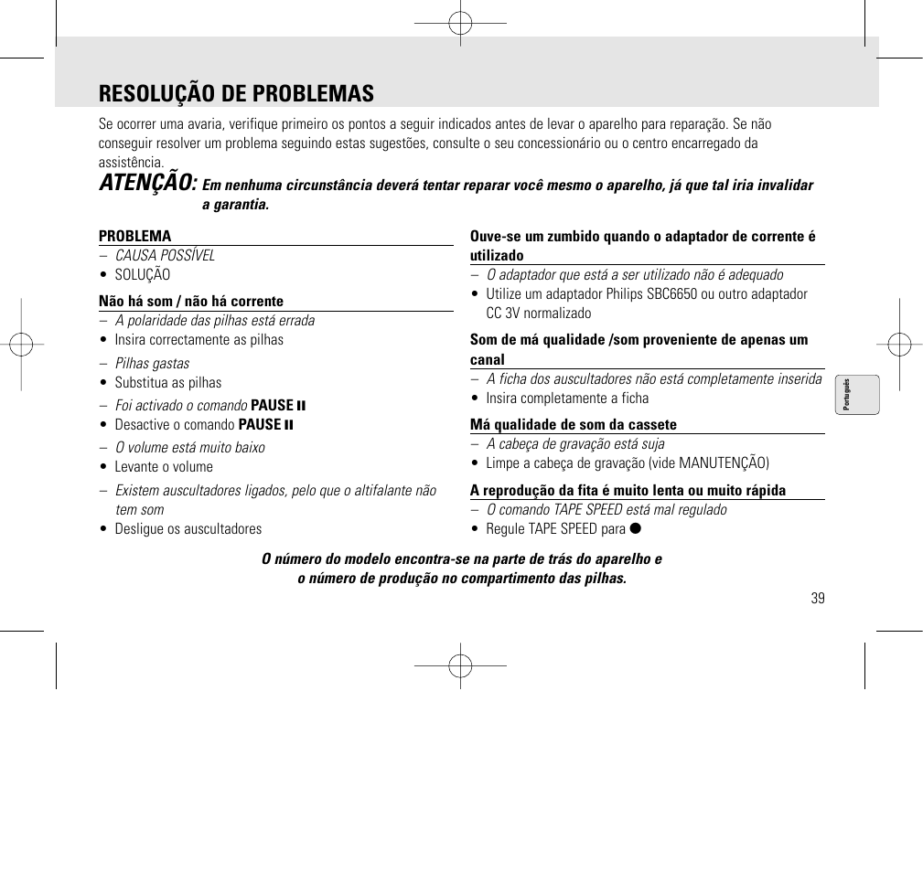 Resolução de problemas, Atenção | Philips AQ6345/00 User Manual | Page 39 / 60