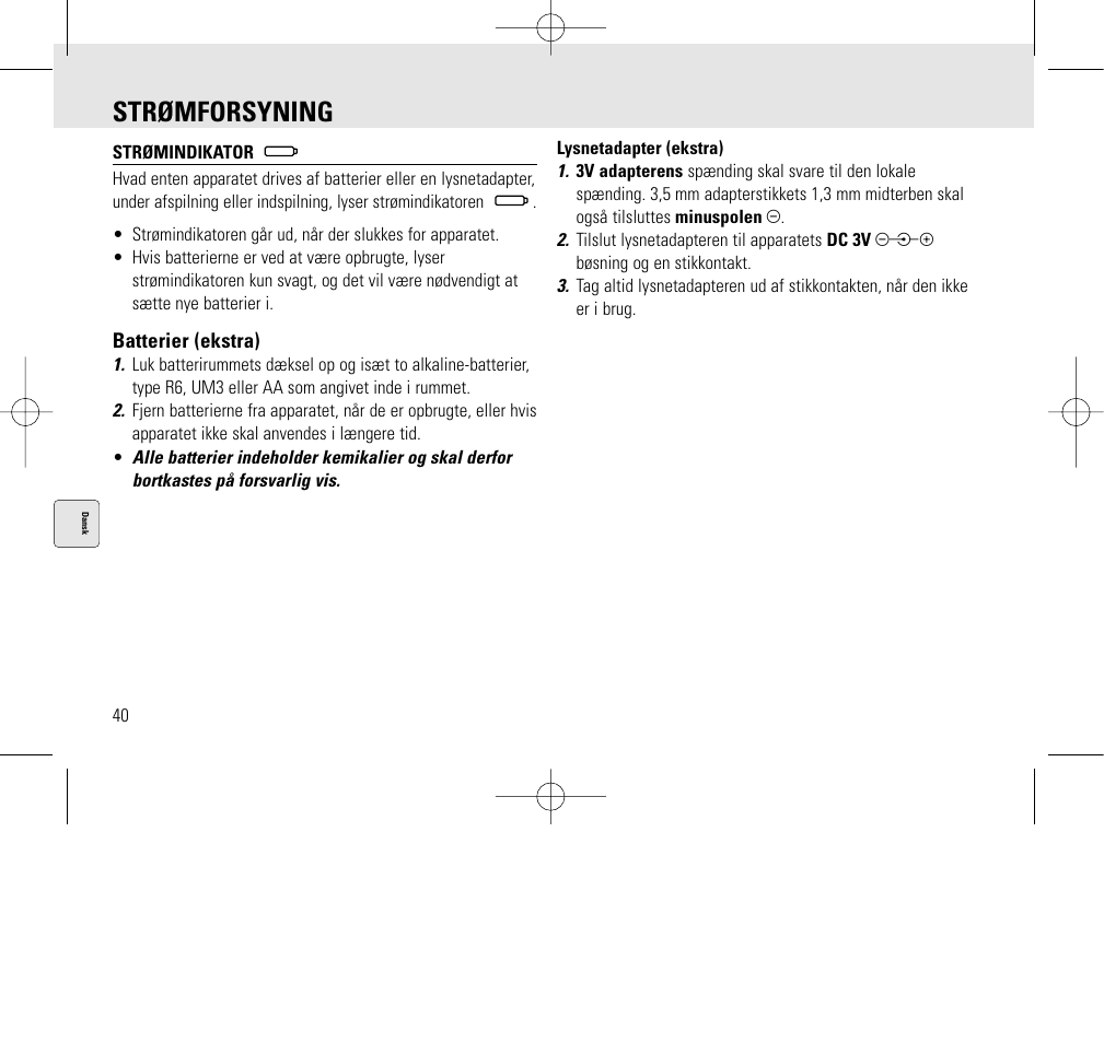 Strømforsyning | Philips AQ6345/00 User Manual | Page 40 / 60