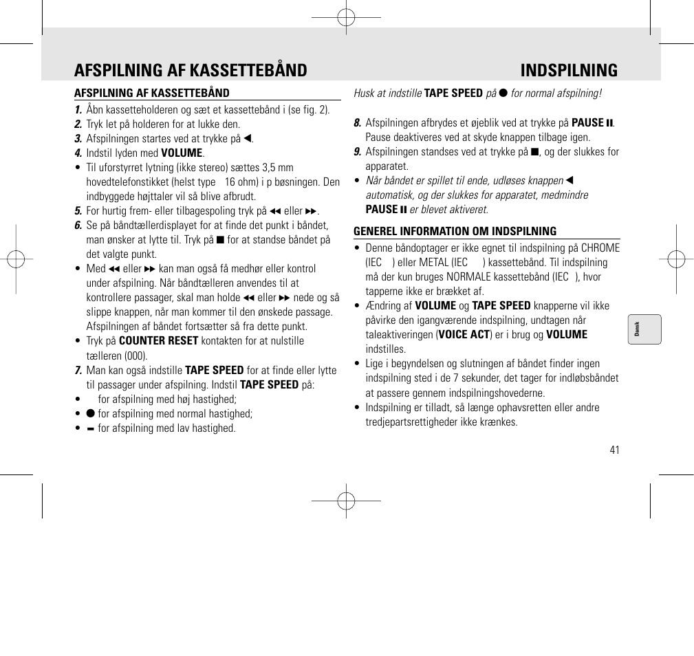 Afspilning af kassettebånd indspilning | Philips AQ6345/00 User Manual | Page 41 / 60