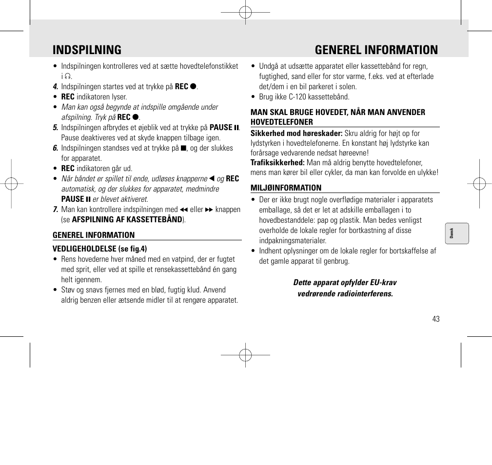 Indspilning generel information | Philips AQ6345/00 User Manual | Page 43 / 60