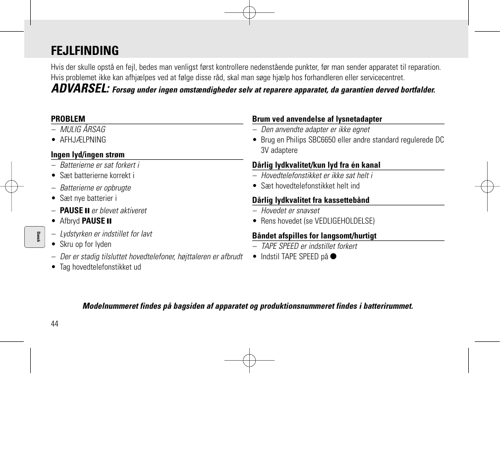 Fejlfinding, Advarsel | Philips AQ6345/00 User Manual | Page 44 / 60