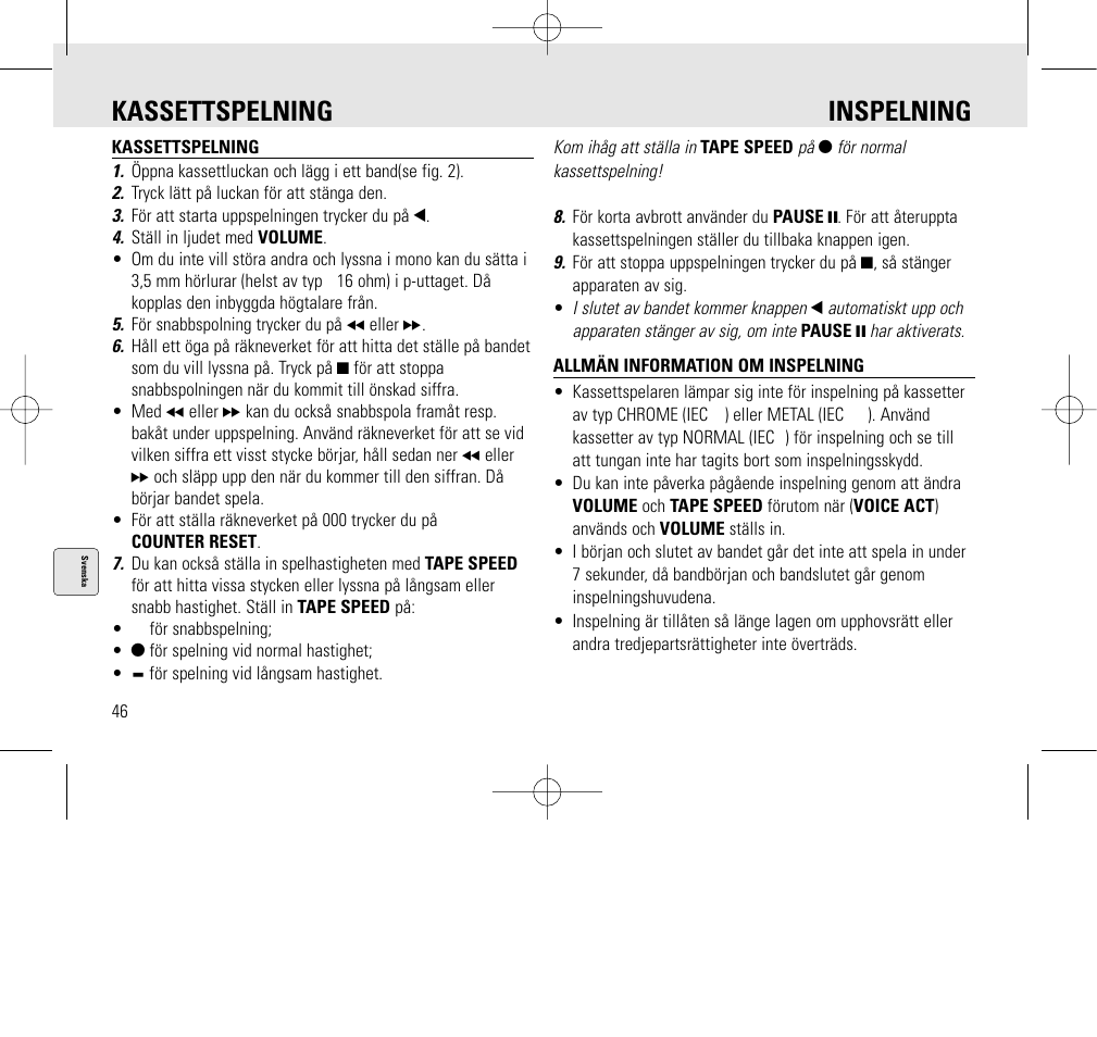 Kassettspelning inspelning | Philips AQ6345/00 User Manual | Page 46 / 60