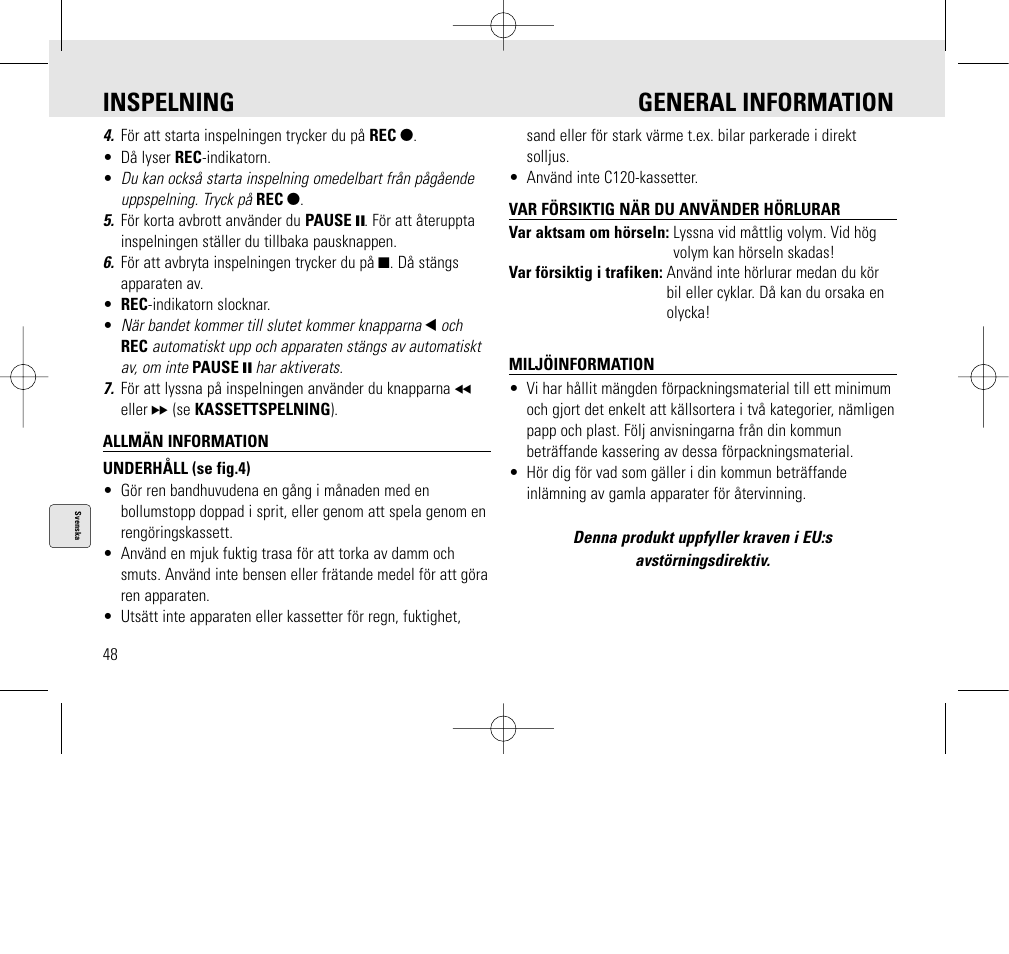 Inspelning general information | Philips AQ6345/00 User Manual | Page 48 / 60