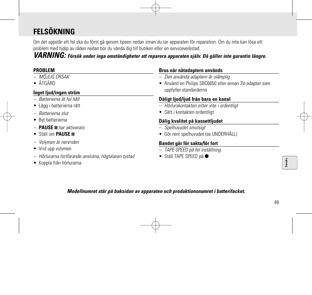 Felsökning, Varning | Philips AQ6345/00 User Manual | Page 49 / 60