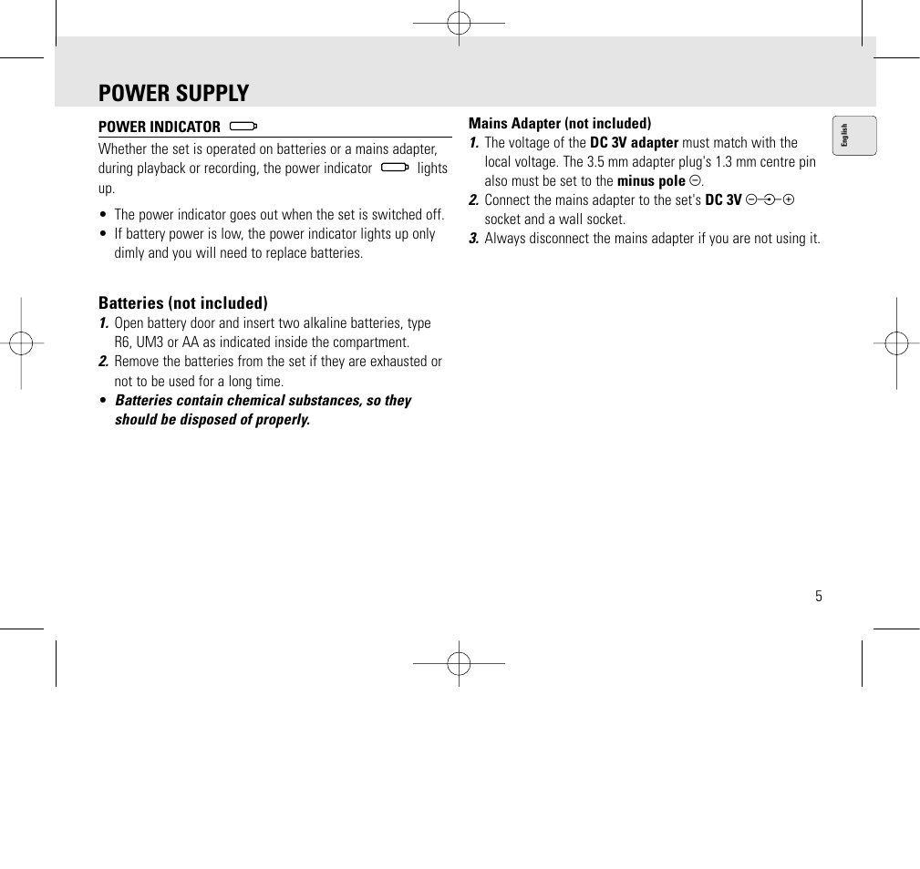 Power supply | Philips AQ6345/00 User Manual | Page 5 / 60