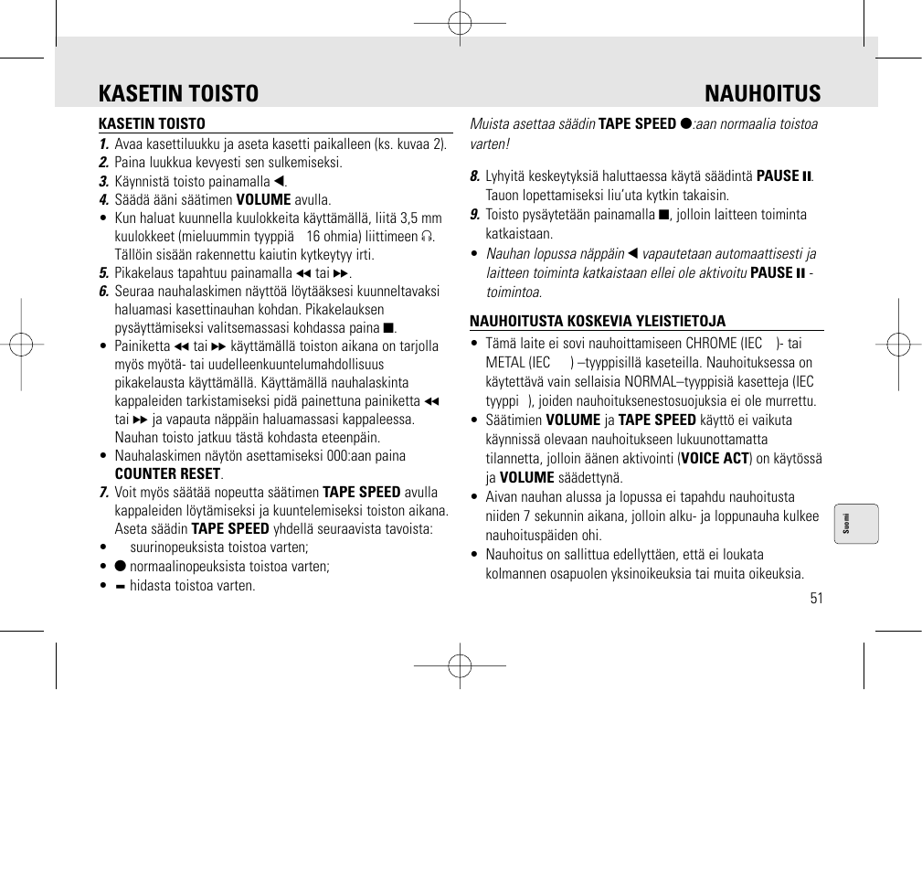 Kasetin toisto nauhoitus | Philips AQ6345/00 User Manual | Page 51 / 60