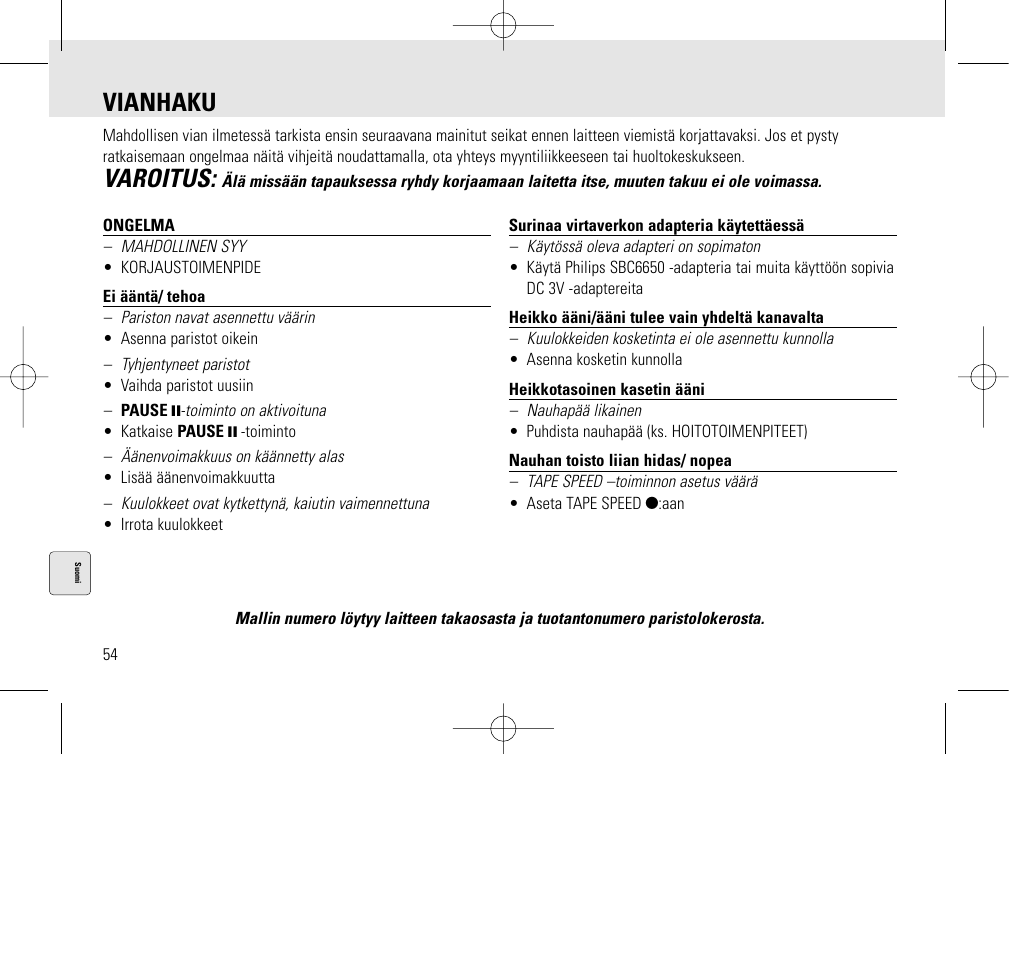 Vianhaku, Varoitus | Philips AQ6345/00 User Manual | Page 54 / 60