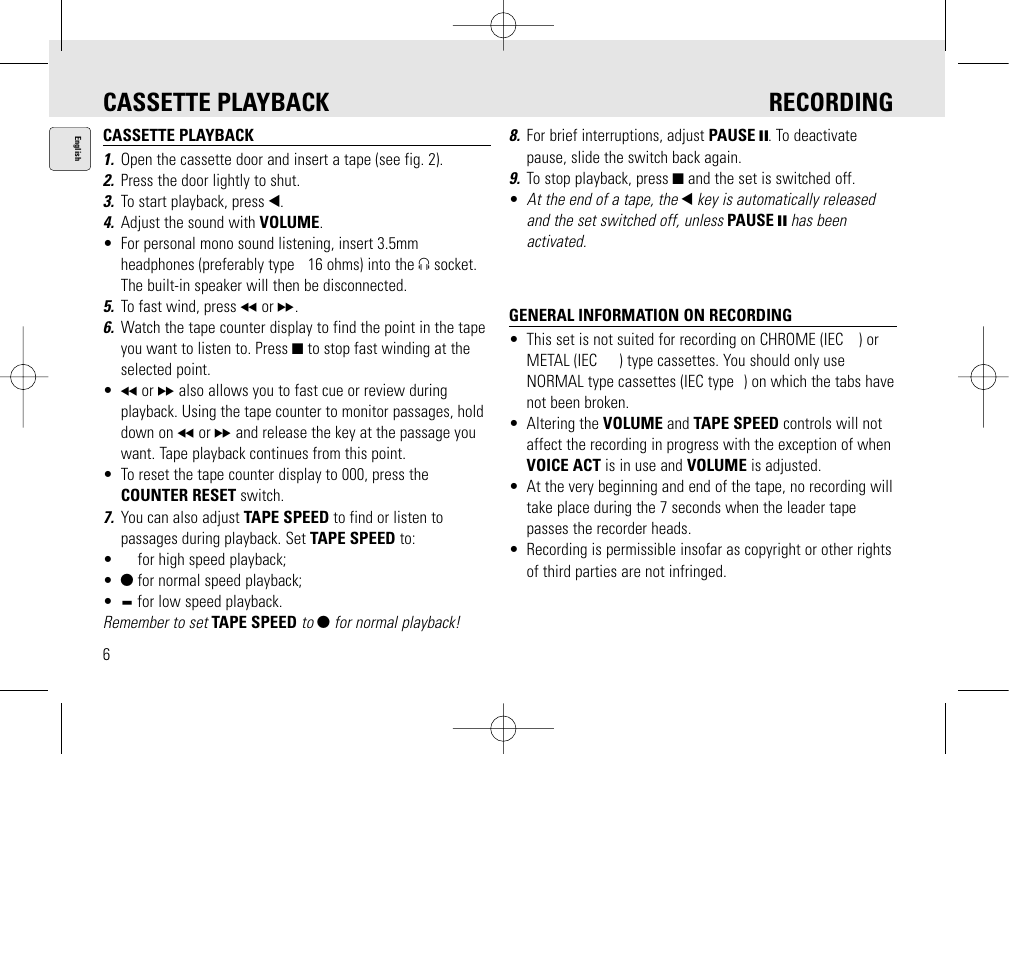 Cassette playback recording | Philips AQ6345/00 User Manual | Page 6 / 60