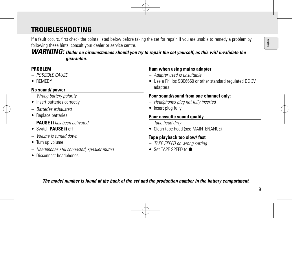 Troubleshooting, Warning | Philips AQ6345/00 User Manual | Page 9 / 60