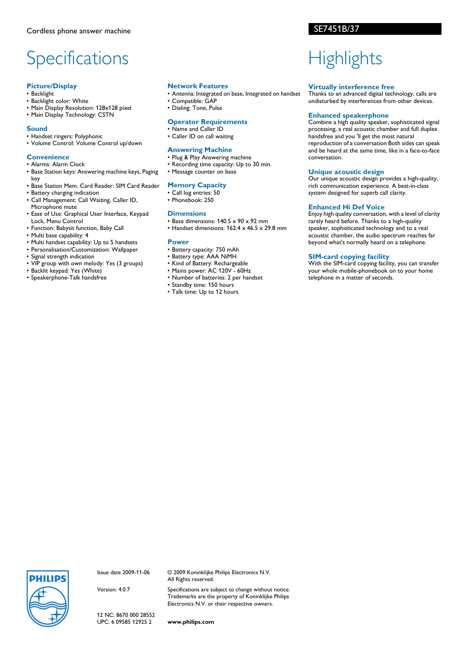 Specifications, Highlights | Philips SE7451B User Manual | Page 2 / 2