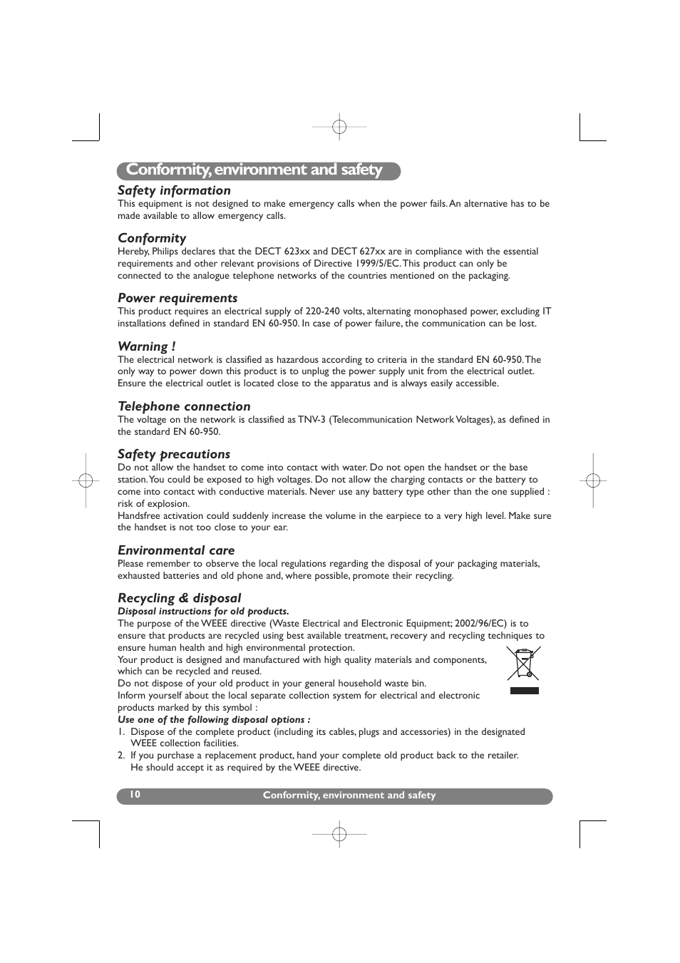 Conformity,environment and safety, Conformity, environment and safety | Philips DECT 627 User Manual | Page 11 / 58