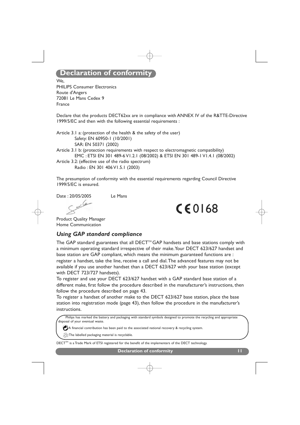 Declaration of conformity, Using gap standard compliance | Philips DECT 627 User Manual | Page 12 / 58