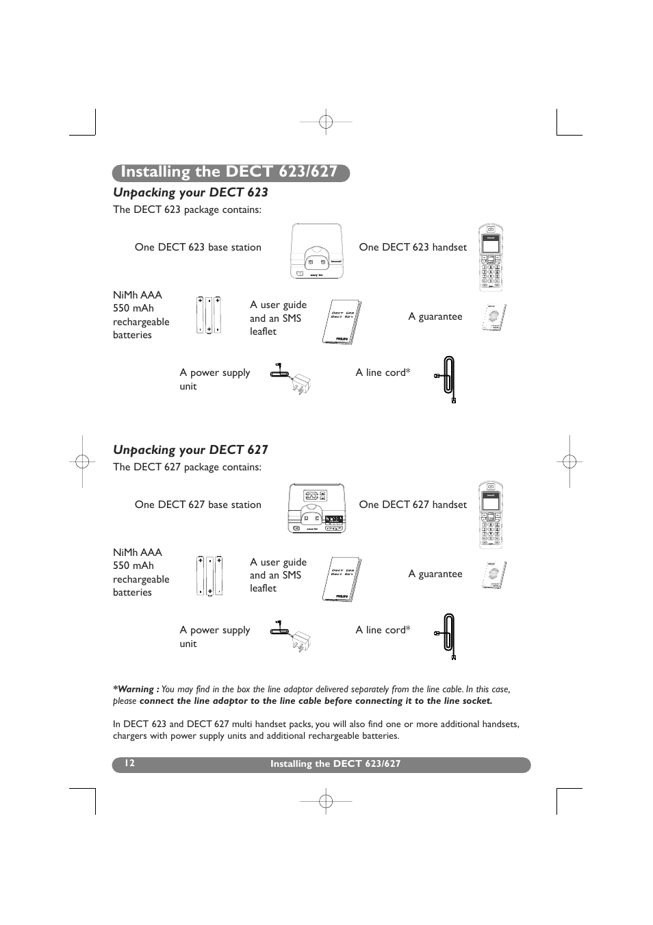 Installing the dect 623/627, Unpacking your dect 623, Unpacking your dect 627 | Unpacking your dect 623/627 | Philips DECT 627 User Manual | Page 13 / 58