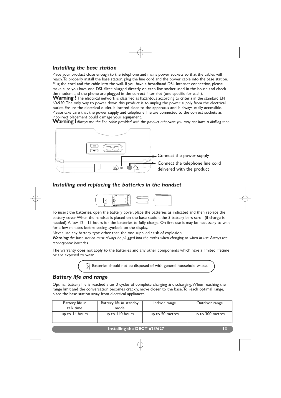 Installing the base station, Battery life and range, Warning | Philips DECT 627 User Manual | Page 14 / 58