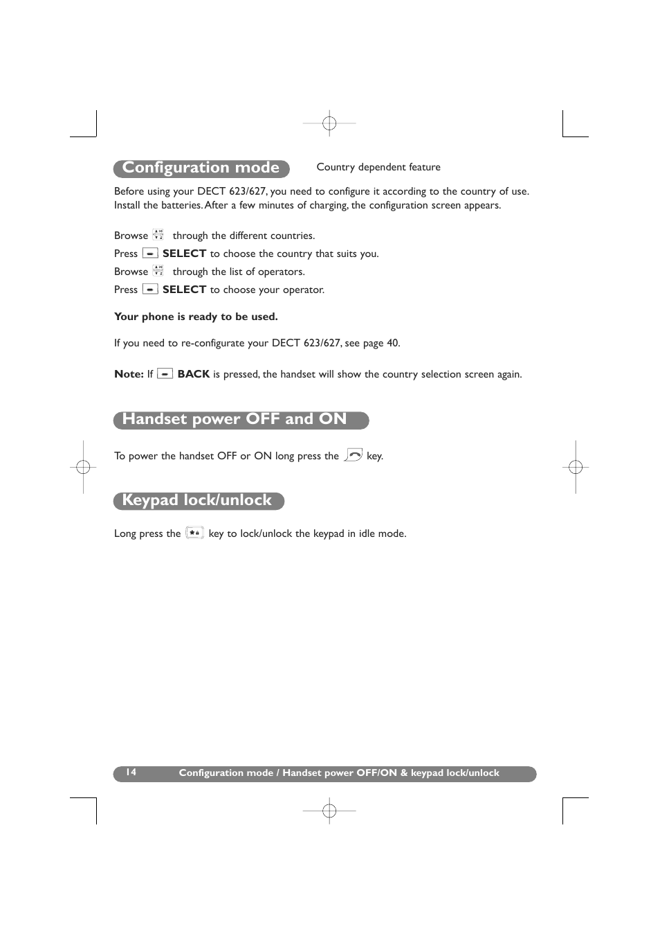 Configuration mode, Handset power off and on, Keypad lock/unlock | Handset power off/on and keypad lock/unlock | Philips DECT 627 User Manual | Page 15 / 58